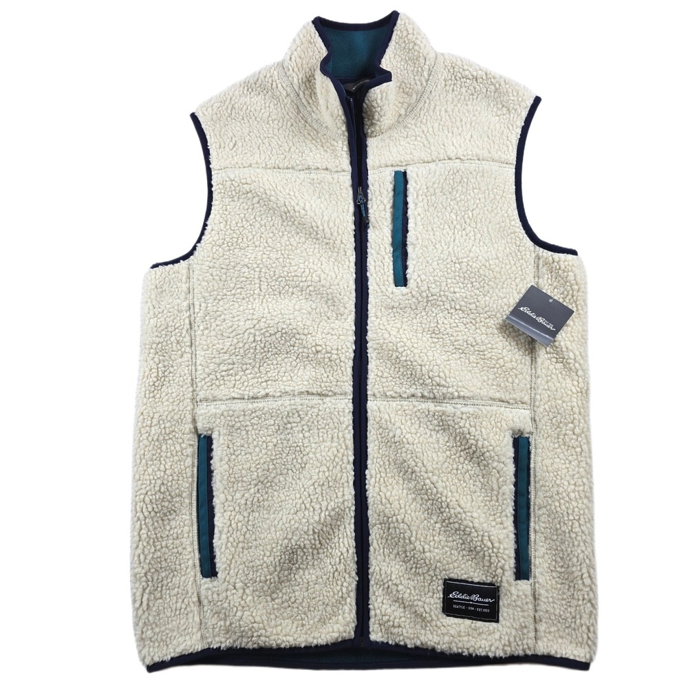 Eddie Bauer Sherpa Vest Mens Medium Oyster Cream Fleece Chilali NEW